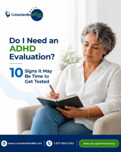 Woman completing an ADHD self-assessment for Conscientia Health’s ADHD evaluation and testing services.