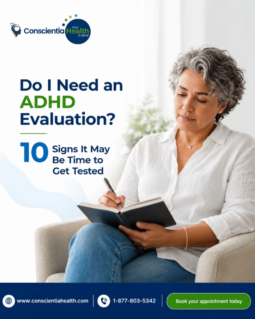 Woman completing an ADHD self-assessment for Conscientia Health’s ADHD evaluation and testing services.