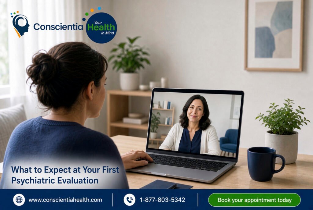 Patient speaking with a Conscientia Health provider during a virtual psychiatric evaluation