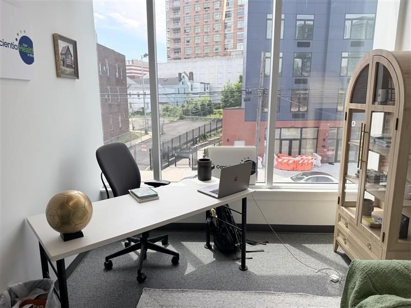 Bright psychiatrist office with a desk and large windows at Conscientia Health in New Brunswick, NJ