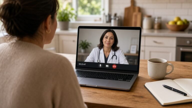 Patient at home in the New Brunswick, NJ area joining a telehealth psychiatry video visit on a laptop