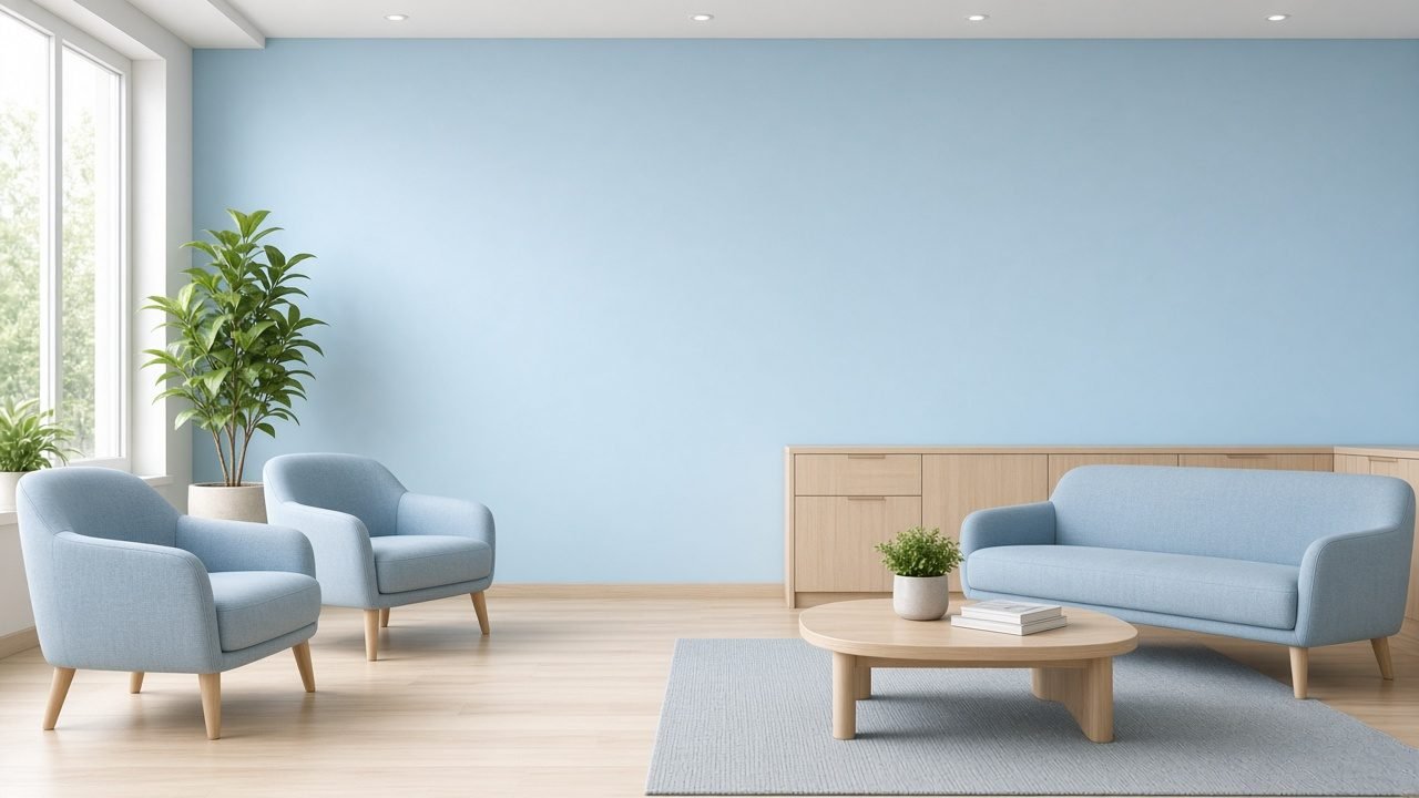 Calm, light-filled waiting area with blue armchairs at a psychiatry office in New Brunswick, NJ